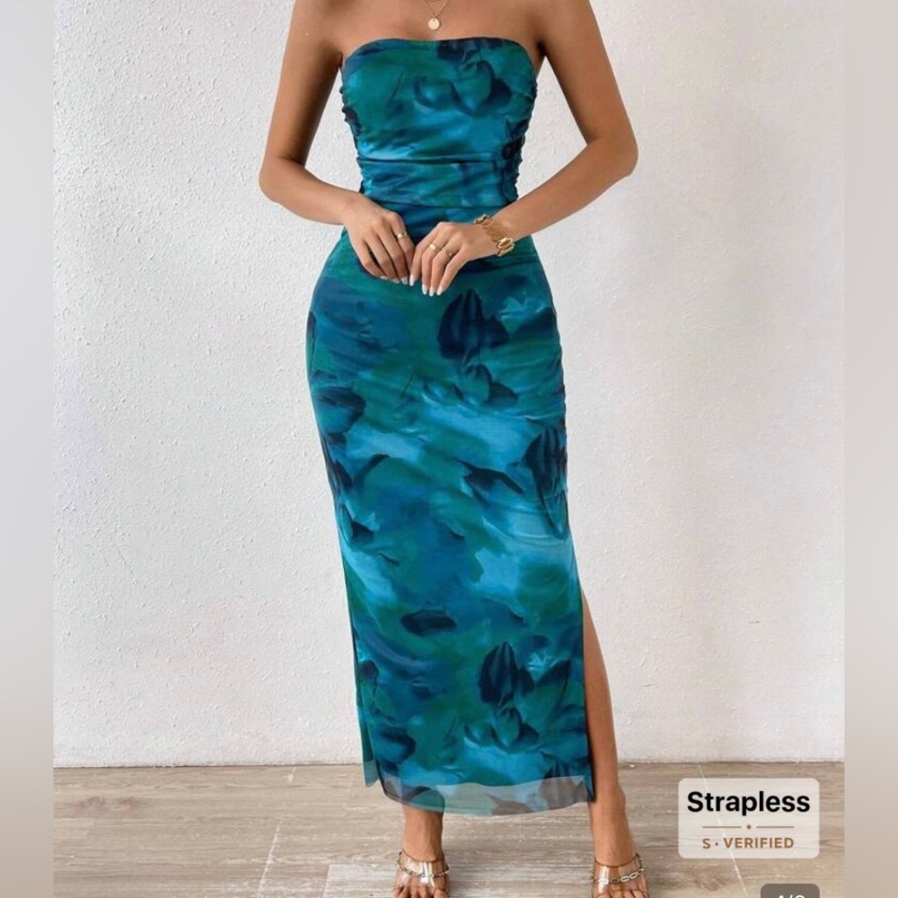 Strapless Teal Floral Maxi Dress - Elegant Evening Wear